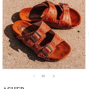 Freebird by Steven Women's Asher Rust color Studded Double-Buckle Slide Sandals